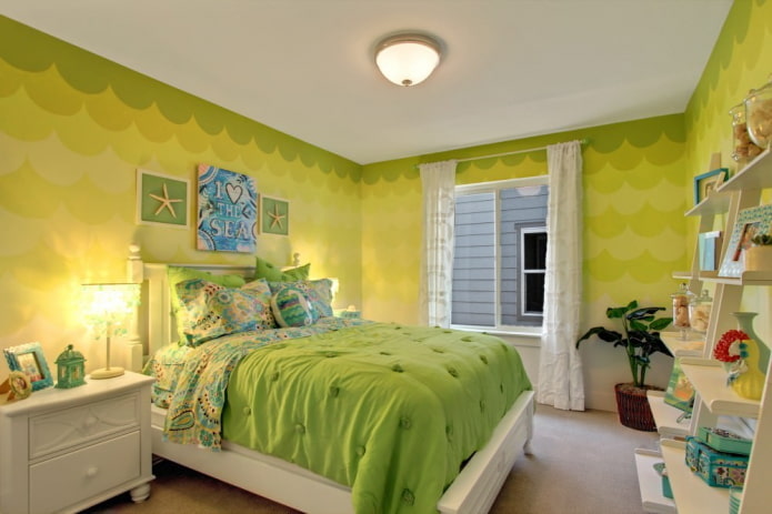 цветовое сочетание в интерьере спальни в зеленых тонах