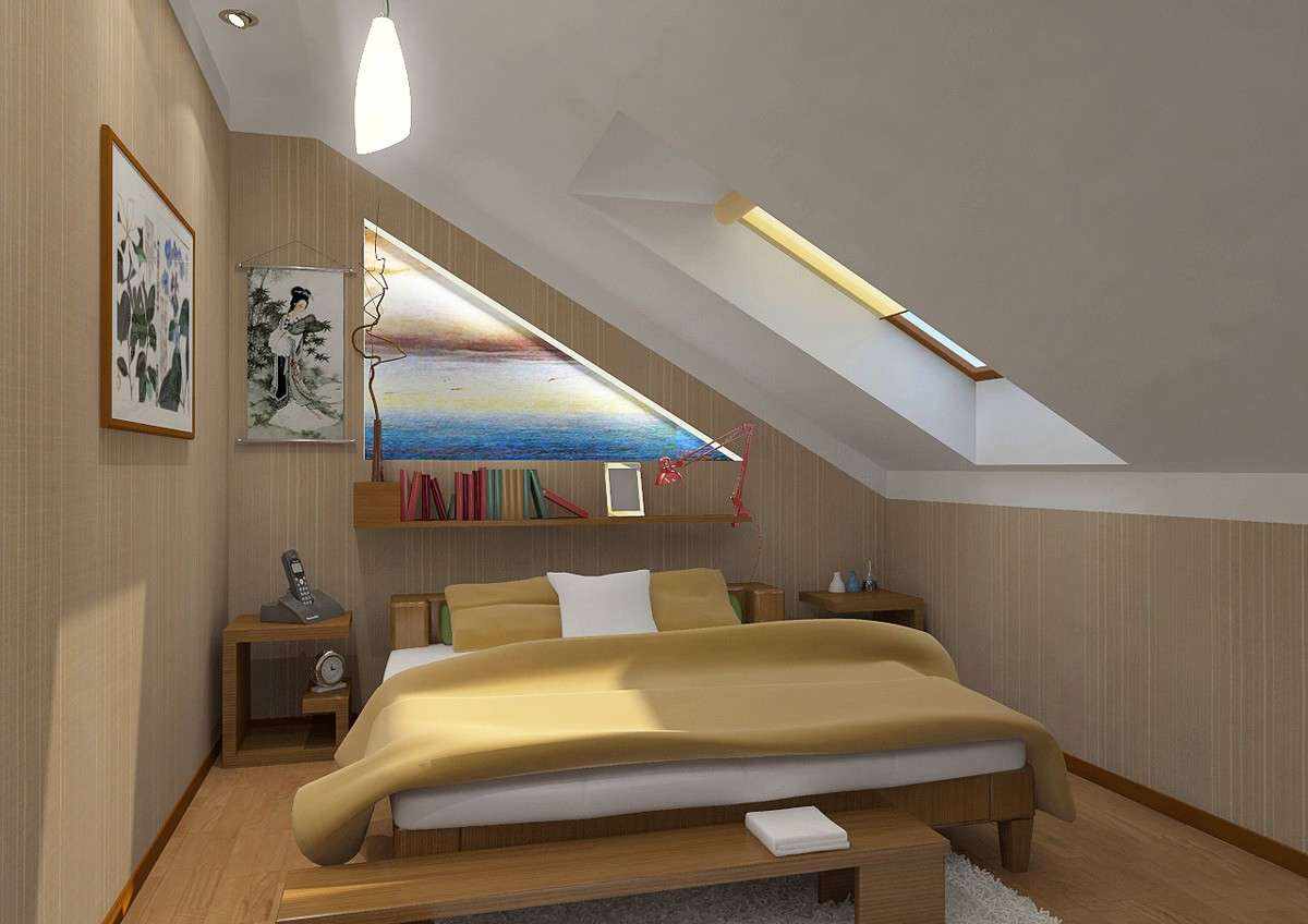 идея необычного декора спальной комнаты в мансарде