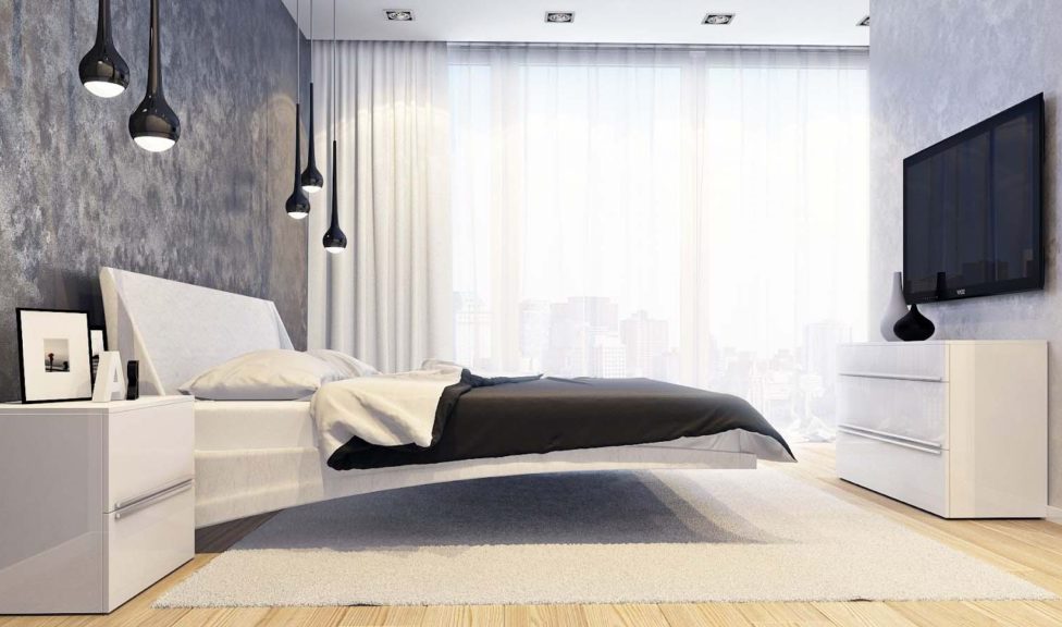 Дизайн спальни в стиле модерн с двумя типами обоев