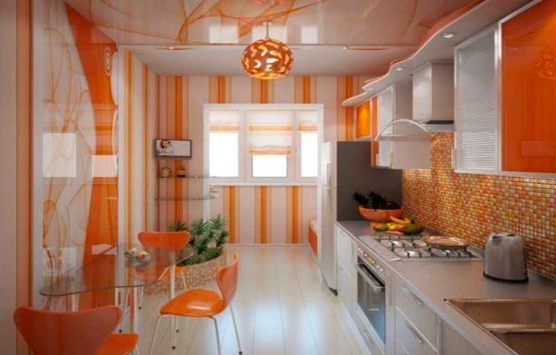 Виниловые обои с оранжевым принтом в интерьере кухни