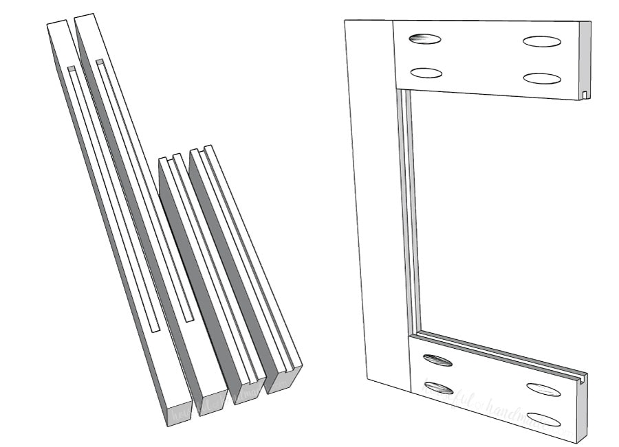 First steps of building DIY cabinet doors with simple routing: routing grooves in boards and attaching rails to stiles.