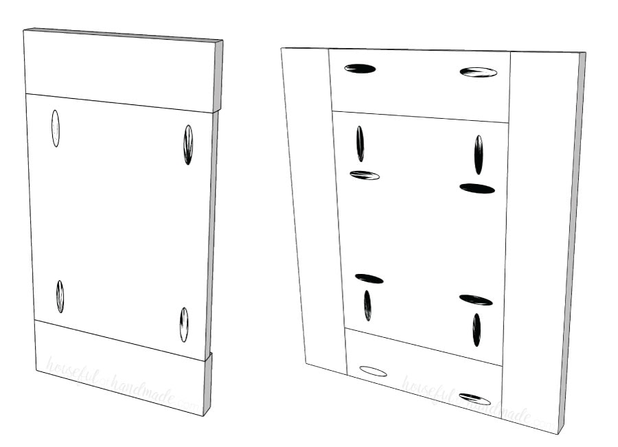 Steps showing where to drill pocket holes and how to attach rails and stiles for DIY cabinet doors without a router. 