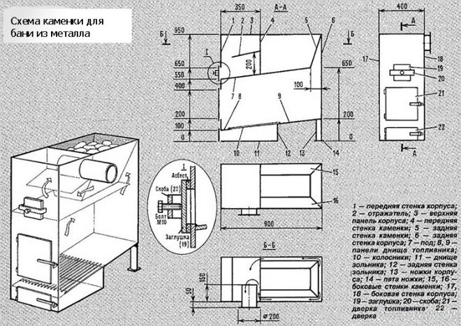 Печи для бани постоянного действия - чертеж