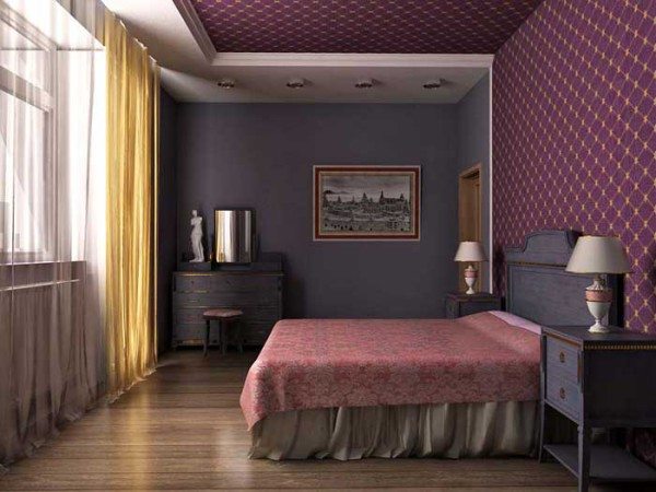 Фото прямоугольной спальни, которая визуально скомпонована при помощи совмещения обоев.