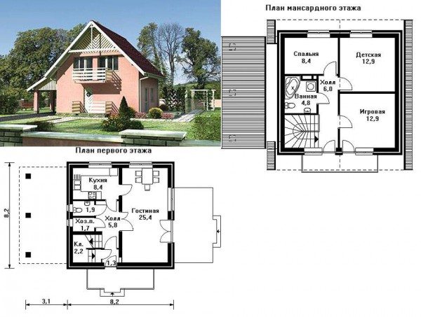 Пример планировки дома из пеноблока с отделкой фасада штукатуркой