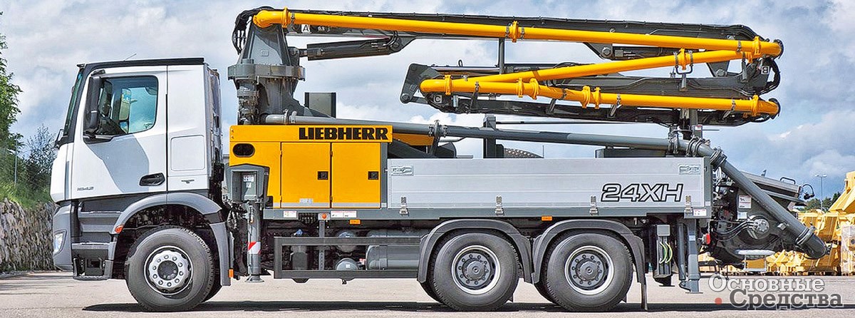 Самая легкая двухосная модель АБН Liebherr 24-M4-XH поднимает бетон на высоту 23,7 м, а горизонтально перекачивает бетон на расстояние 19,7 м