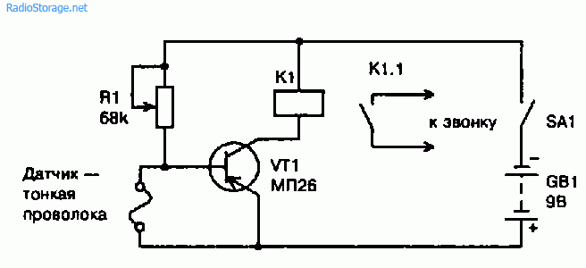 Сигнализация своими руками схема. Простейшая схема охранной сигнализации. Схема охранная сигнализация на 1 транзисторе. Схема простого охранного устройства. Охранная сигнализация на разрыв схема.