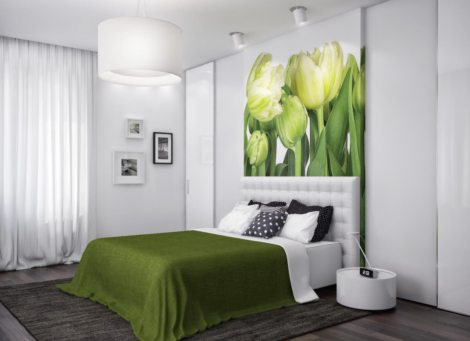 Фотообои "тюльпаны" над кроватью в интерьере спальни