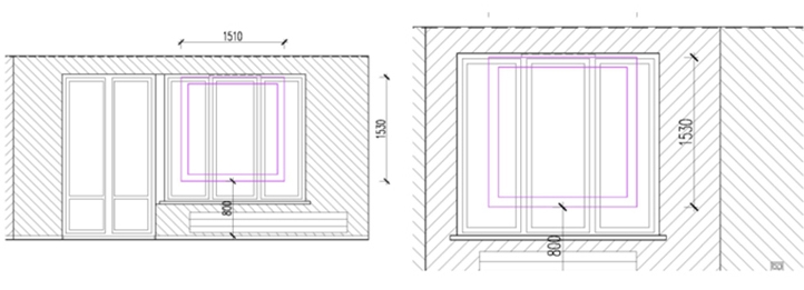 Окна в проектах LEGENDA по сравнению с окнами типовой панельной серии (контур маджента).