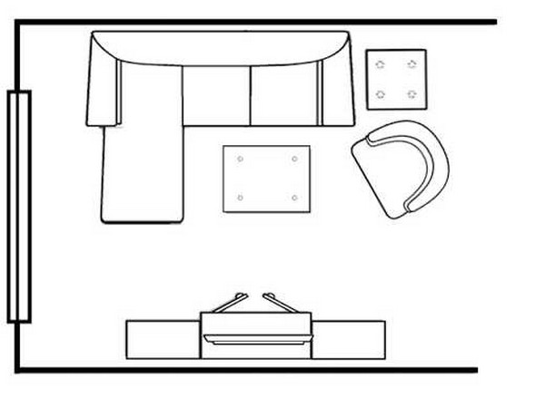 Пример планировки гостиной с угловым диваном
