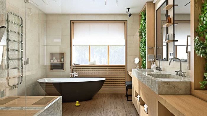 идея необычного интерьера ванной комнаты с окном