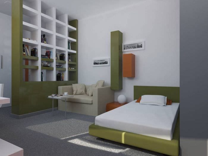 вариант яркого интерьера маленькой комнаты в общежитии