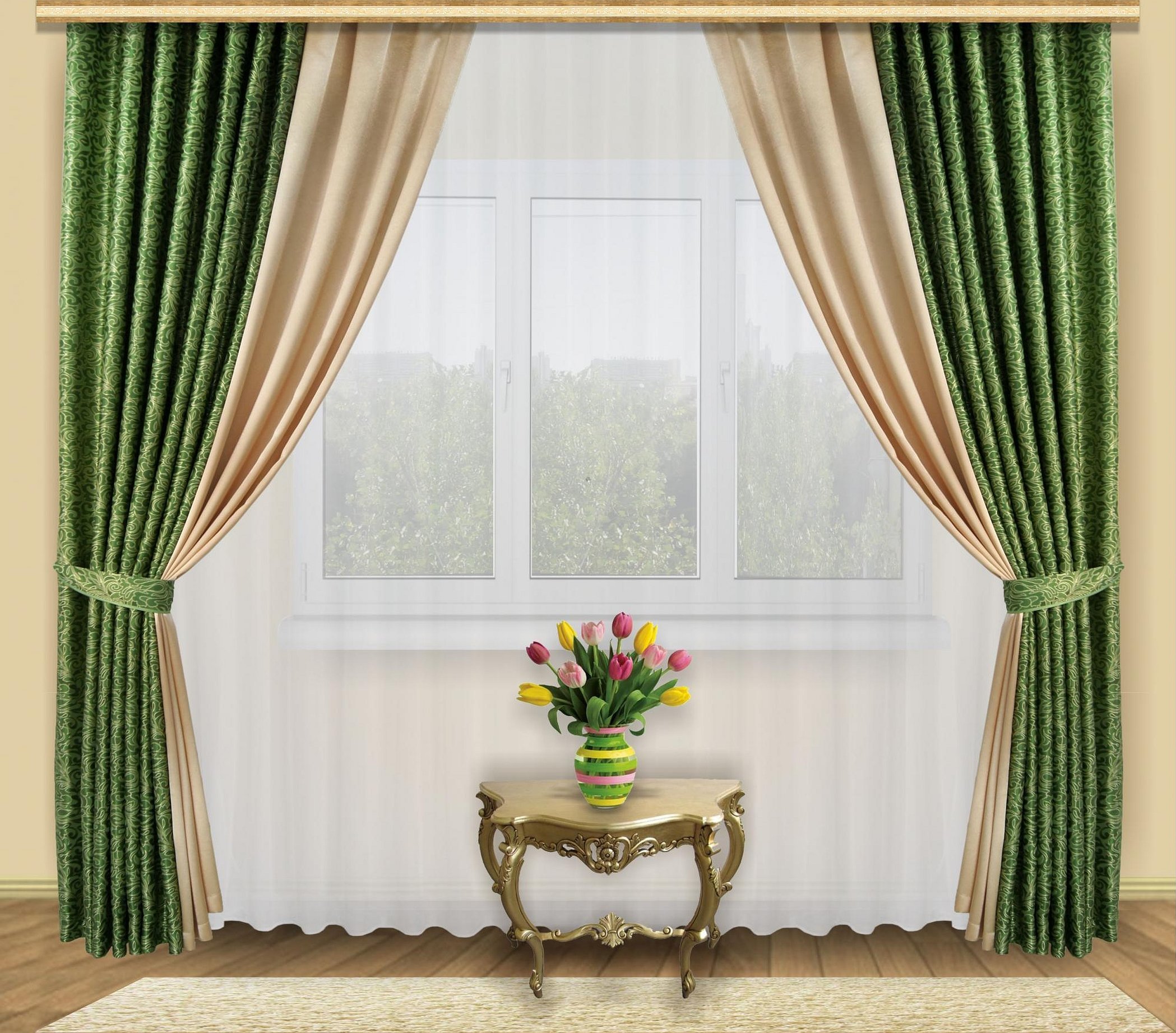 Готовые шторы на окна. Двухцветные шторы Versace gr004. Зеленые портьеры. Занавески для зала. Шторы зеленые с бежевым.